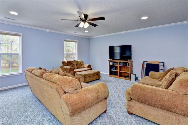 109 Van Curen Ct, Yorktown, VA 23693 - carpeted living area featuring a ceiling fan, visible vents, baseboards, ornamental molding, and recessed lighting