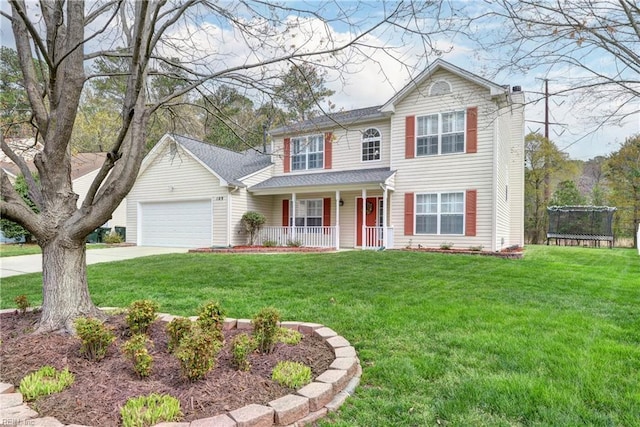 109 Van Curen Ct, Yorktown, VA 23693 - traditional-style house featuring a trampoline, a garage, a porch, a front yard, and driveway
