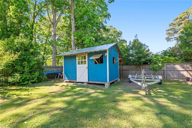 view of shed with a fenced backyard