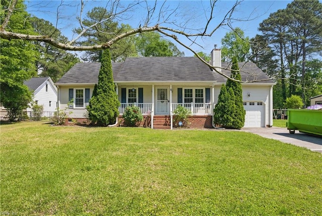 189 George Washington Hwy S, Chesapeake, VA 23323 - single story home with a front lawn, a garage, a porch, a chimney, and driveway