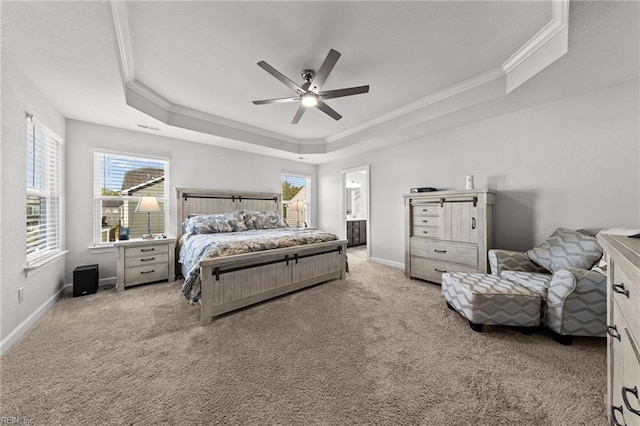 2848 Kingsfield Dr, Virginia Beach, VA 23456 - carpeted bedroom with ceiling fan, visible vents, crown molding, a raised ceiling, and baseboards