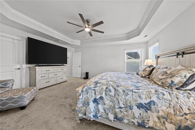2848 Kingsfield Dr, Virginia Beach, VA 23456 - bedroom with carpet floors, ornamental molding, visible vents, a tray ceiling, and a ceiling fan
