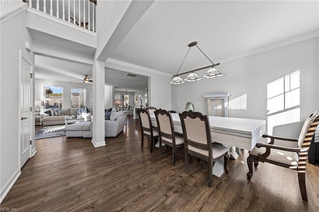 2848 Kingsfield Dr, Virginia Beach, VA 23456 - dining room featuring crown molding, visible vents, baseboards, dark wood-style floors, and a ceiling fan