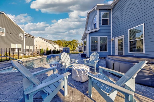 2848 Kingsfield Dr, Virginia Beach, VA 23456 - view of patio with fence, a residential view, a jacuzzi, a fenced in pool, and a fire pit