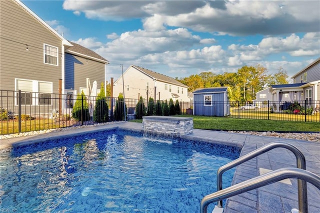 2848 Kingsfield Dr, Virginia Beach, VA 23456 - view of swimming pool with a residential view, a shed, a fenced in pool, an outbuilding, and a yard