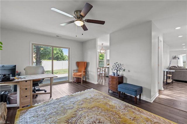office area with a ceiling fan, recessed lighting, and wood finished floors
