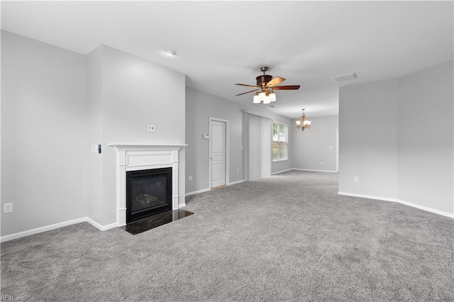 5324 Tamworth Pl, Virginia Beach, VA 23455 - unfurnished living room with a fireplace with flush hearth, a ceiling fan, a chandelier, baseboards, and carpet