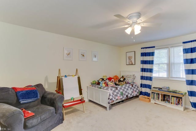 carpeted bedroom with ceiling fan