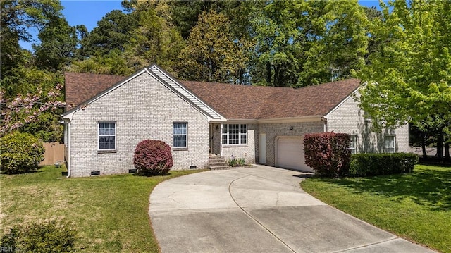 ranch-style house featuring brick siding, a garage, driveway, and crawl space