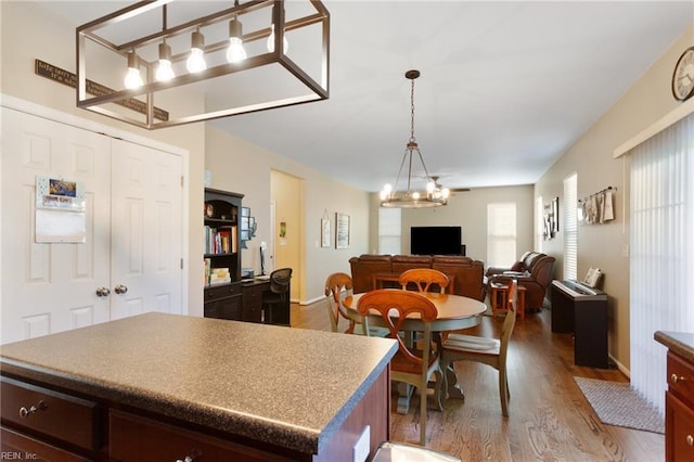 13095 Lighthouse Ln, Carrollton, VA 23314 - kitchen with dark wood-type flooring, plenty of natural light, and hanging light fixtures