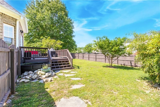 view of yard with a fenced backyard and a wooden deck