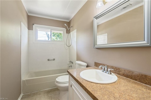 bathroom featuring visible vents, tile patterned flooring, vanity, toilet, and tub / shower combination