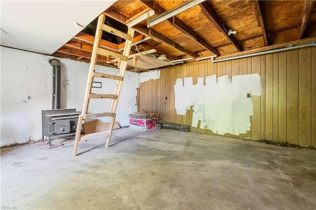 below grade area with a wood stove
