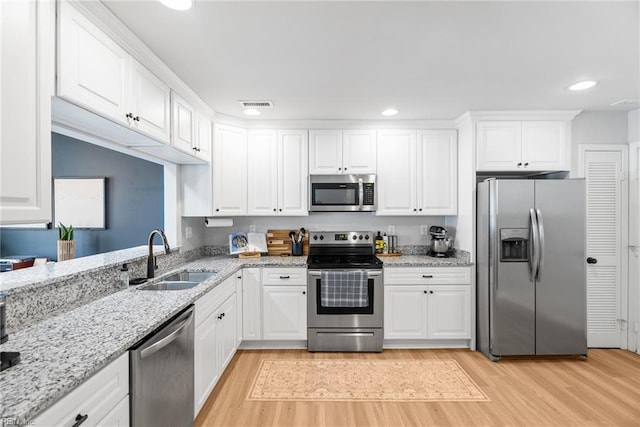 kitchen featuring visible vents, appliances with stainless steel finishes, a sink, white cabinets, and light wood-style flooring