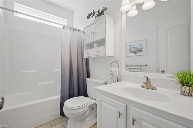 full bath with vanity, tile patterned floors, toilet, and shower / tub combo with curtain