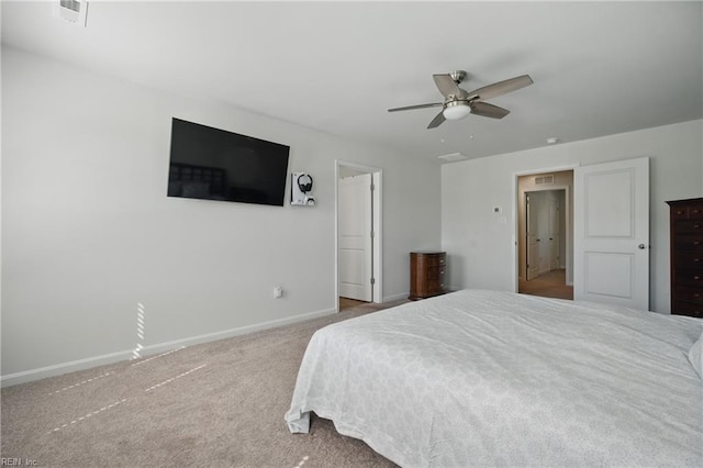 bedroom with a ceiling fan, baseboards, visible vents, and carpet