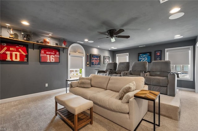 carpeted cinema featuring baseboards, a ceiling fan, and recessed lighting