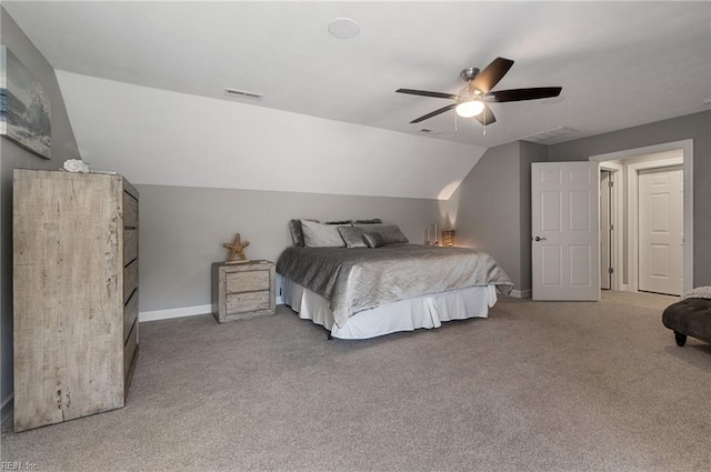 bedroom with carpet flooring, ceiling fan, baseboards, lofted ceiling, and visible vents
