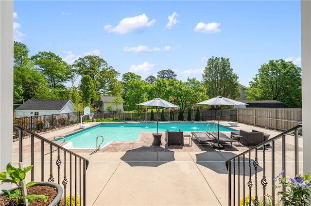 view of pool with a fenced in pool, a fenced backyard, and a patio area
