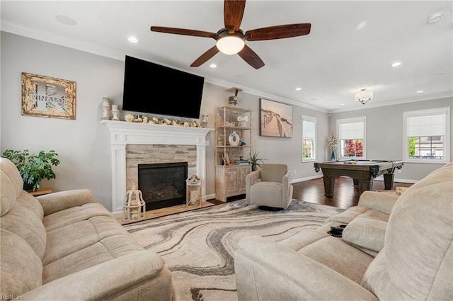 living area with recessed lighting, billiards, a ceiling fan, and ornamental molding