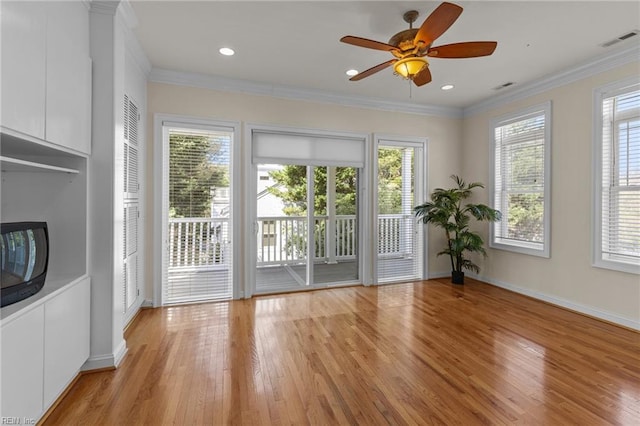 8506 Atlantic Ave Unit B, Virginia Beach, VA 23451 - doorway to outside with ceiling fan, visible vents, crown molding, baseboards, and light wood-style floors