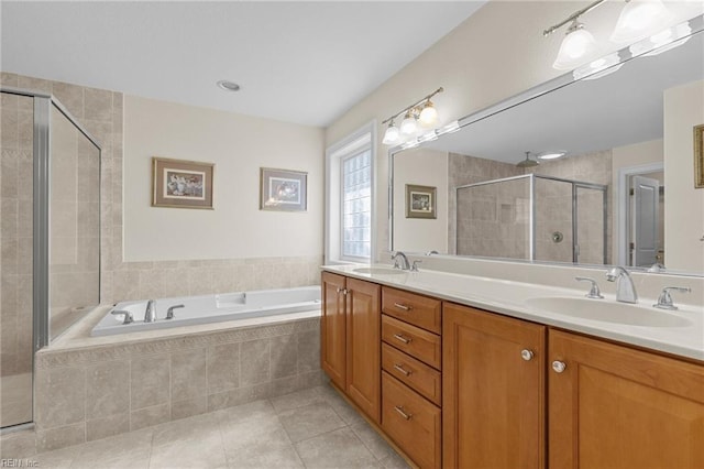 8506 Atlantic Ave Unit B, Virginia Beach, VA 23451 - full bathroom featuring double vanity, a bath, a shower stall, a sink, and tile patterned floors