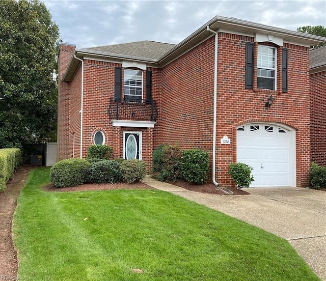 view of front of house featuring an attached garage, brick siding, a chimney, and concrete driveway
