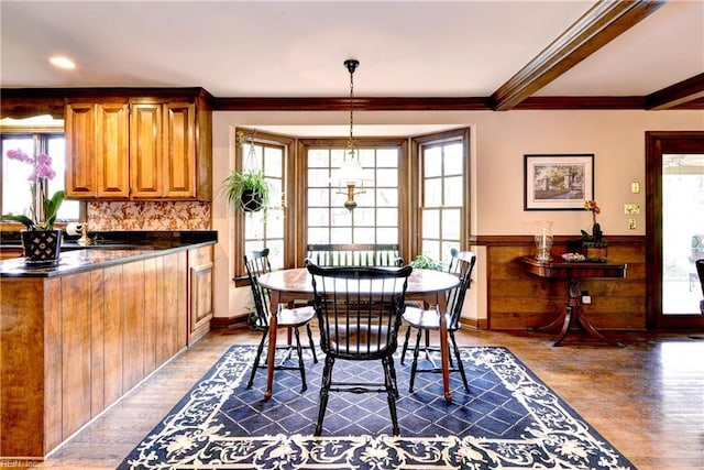 dining room featuring ornamental molding, dark wood-style flooring, and a wainscoted wall