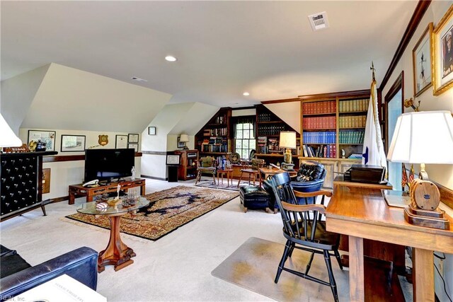 office with visible vents, recessed lighting, carpet, and vaulted ceiling