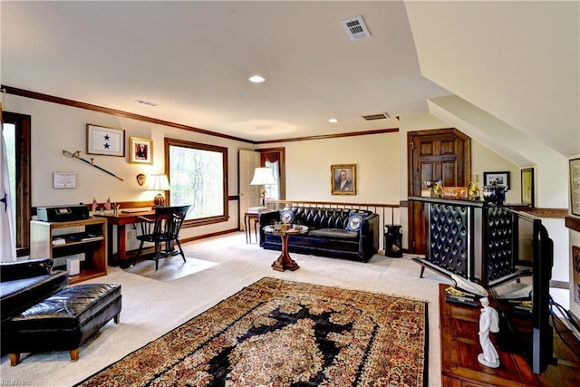 living room featuring crown molding, visible vents, and carpet