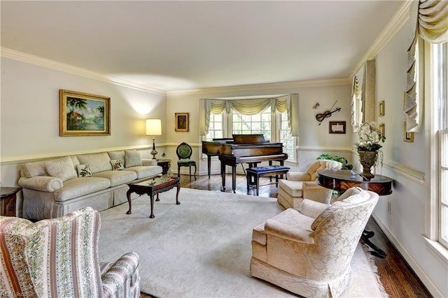 living room with crown molding and wood finished floors