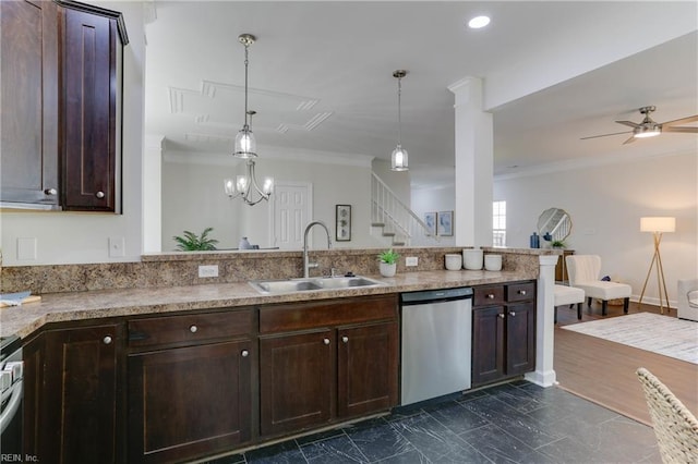 kitchen with dark brown cabinets, a sink, stainless steel appliances, decorative light fixtures, and ornamental molding