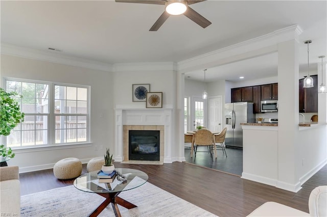 living area featuring ceiling fan, visible vents, a fireplace, dark wood-style floors, and ornamental molding