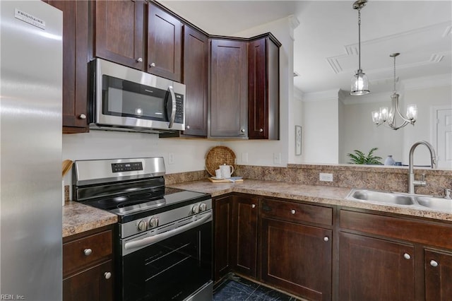 kitchen with a sink, crown molding, dark brown cabinetry, and stainless steel appliances