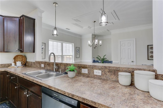 kitchen featuring dark brown cabinets, hanging light fixtures, a sink, stainless steel dishwasher, and ornamental molding