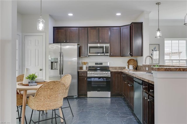 kitchen featuring a sink, dark brown cabinetry, decorative light fixtures, and stainless steel appliances