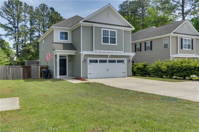 view of front of property with a front lawn, fence, a shingled roof, an attached garage, and driveway