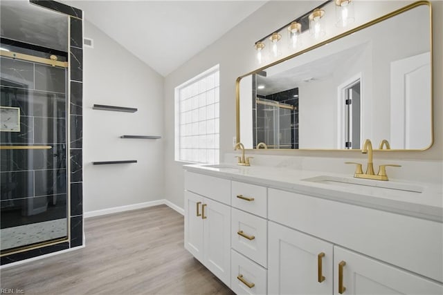 3612 Purebred Dr, Virginia Beach, VA 23453 - bathroom featuring double vanity, a sink, lofted ceiling, and a stall shower
