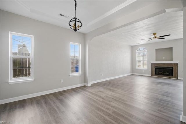 3612 Purebred Dr, Virginia Beach, VA 23453 - unfurnished living room featuring visible vents, a fireplace, wood finished floors, baseboards, and ceiling fan with notable chandelier