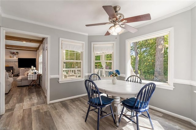 dining area featuring baseboards, ornamental molding, a ceiling fan, and wood finished floors