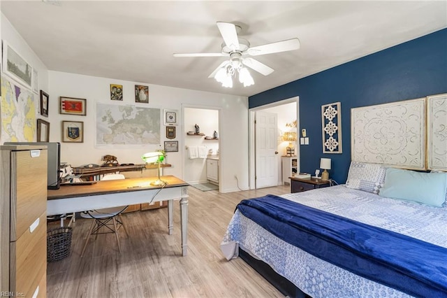 bedroom featuring ceiling fan and wood finished floors