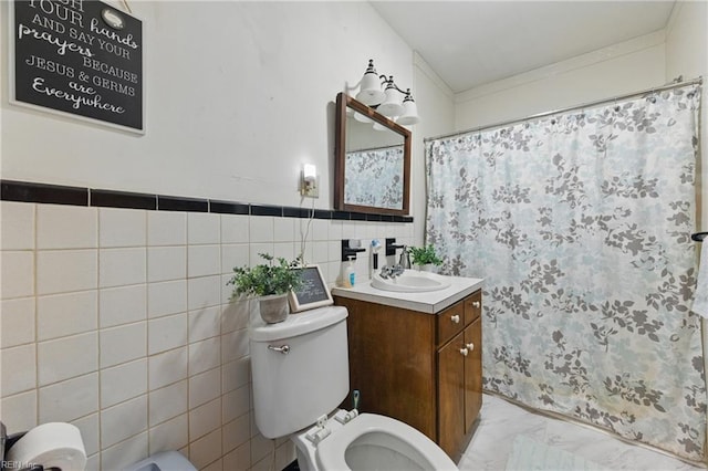 bathroom with a shower with curtain, tile walls, vanity, toilet, and marble finish floor