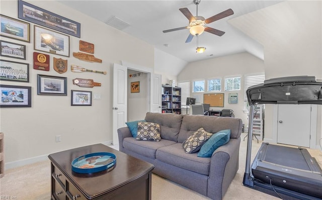 living area featuring visible vents, light carpet, baseboards, ceiling fan, and vaulted ceiling