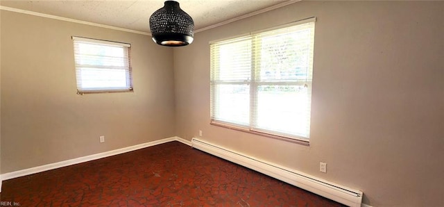 unfurnished room featuring crown molding, baseboards, and baseboard heating