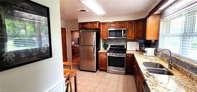 kitchen featuring a sink, decorative backsplash, appliances with stainless steel finishes, and a healthy amount of sunlight