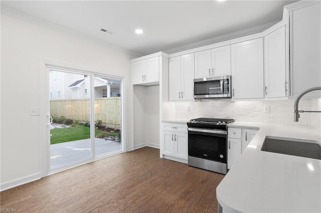 kitchen featuring backsplash, visible vents, a sink, stainless steel appliances, and dark wood-type flooring