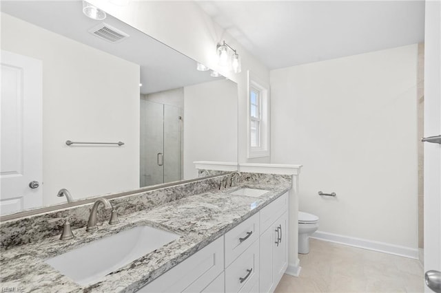 bathroom featuring visible vents, a sink, baseboards, and a shower stall