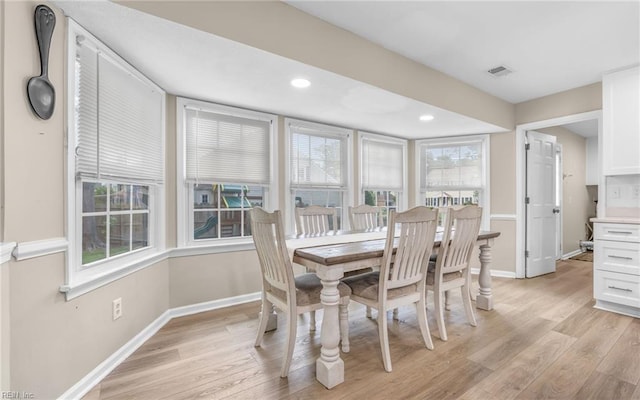 dining area with visible vents, recessed lighting, light wood-style flooring, and baseboards