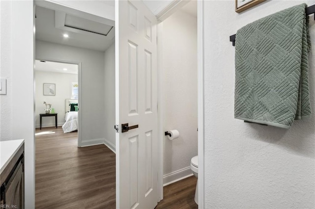 9 W Bayberry Ct, Hampton, VA 23669 - bathroom with vanity, wood finished floors, toilet, baseboards, and recessed lighting