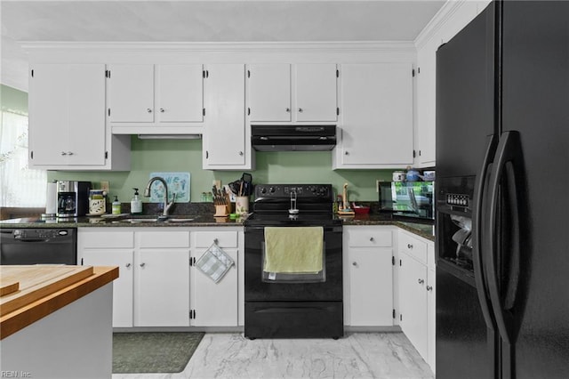 kitchen featuring a sink, white cabinets, black appliances, and under cabinet range hood